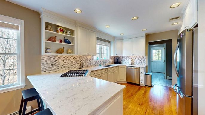 Interior, Kitchen, Recessed Lighting, Stainless Steel Appliances, Wood Texture Flooring