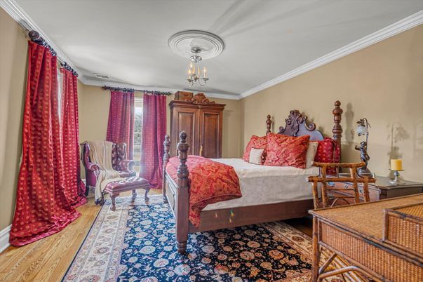 Bedroom, Chandelier, Interior, Wood Texture Flooring