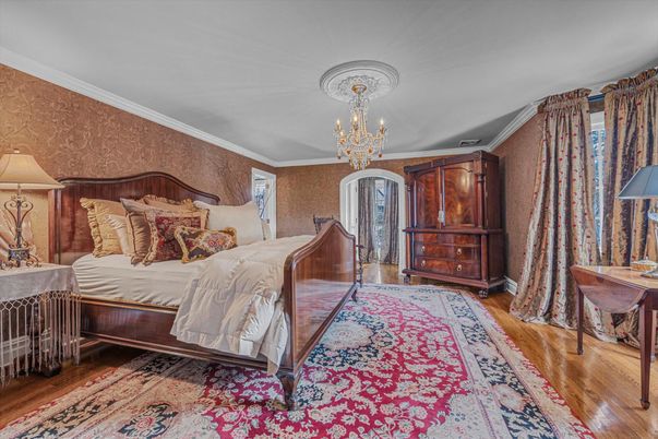 Bedroom, Chandelier, Interior, Wood Texture Flooring