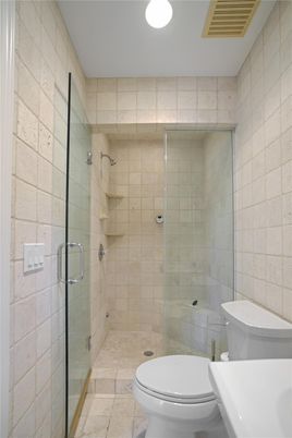 Bathroom, Glass Shower, Interior, Recessed Lighting, Stone Walls