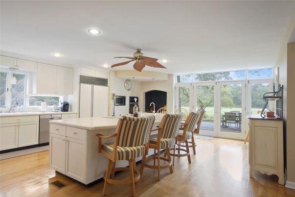 Fireplace, Interior, Kitchen, Recessed Lighting, Wood Texture Flooring
