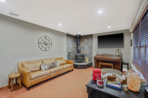 Fireplace, Interior, Living room, Piano, Recessed Lighting, Stone Walls