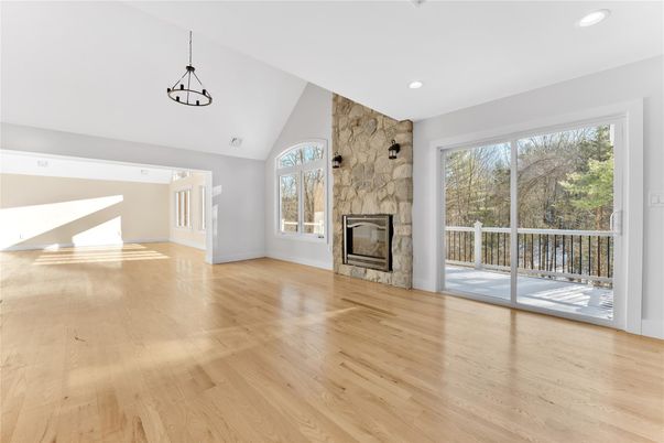 Empty room, Fireplace, Interior, Pendant Lights, Recessed Lighting, Wood Texture Flooring