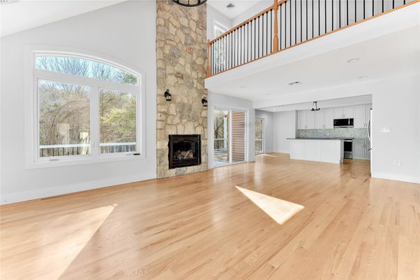 Fireplace, Interior, Kitchen, Recessed Lighting, Wood Texture Flooring