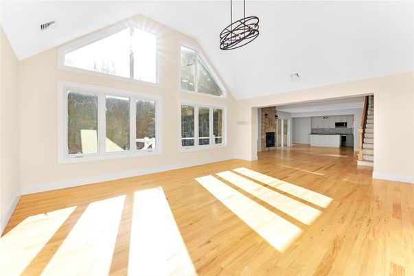 Empty room, Fireplace, Interior, Kitchen, Pendant Lights, Wood Texture Flooring