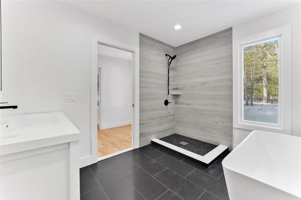 Bathroom, Free Standing Baths, Interior, Recessed Lighting, Wood Texture Flooring
