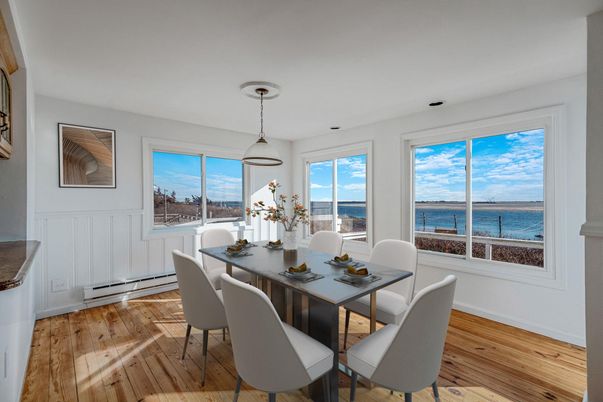 Dining room, Interior, Pendant Lights, Water, Wood Texture Flooring