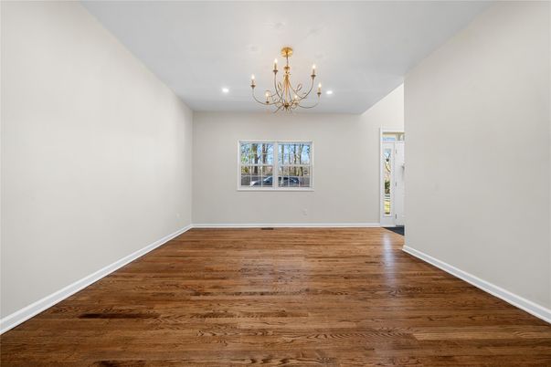 Chandelier, Empty room, Interior, Recessed Lighting, Wood Texture Flooring