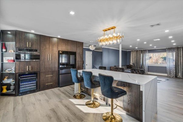 Interior, Kitchen, Pendant Lights, Recessed Lighting, Wood Texture Flooring