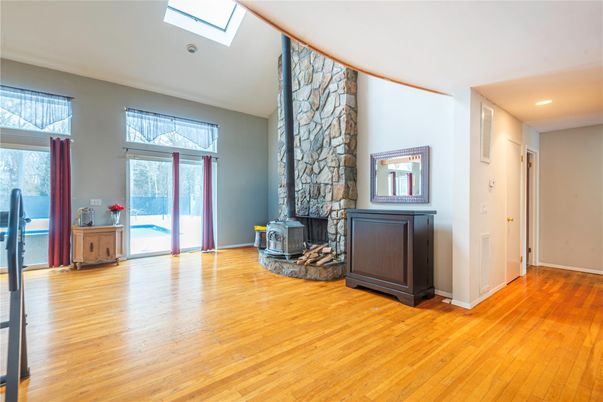 Empty room, Fireplace, Interior, Recessed Lighting, Wood Texture Flooring
