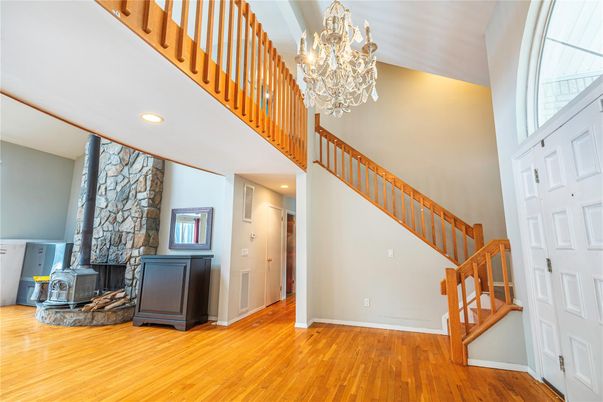 Chandelier, Interior, Recessed Lighting, Stone Walls, Wood Texture Flooring
