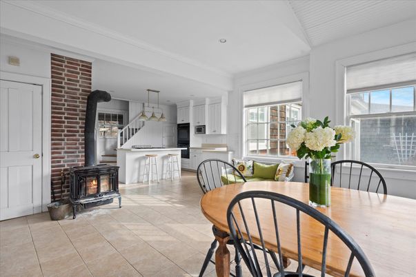 Dining room, Fireplace, Interior, Kitchen, Pendant Lights, Recessed Lighting, Stainless Steel Appliances, Stone Walls