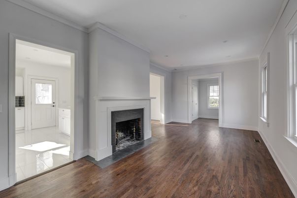 Empty room, Fireplace, Interior, Recessed Lighting, Wood Texture Flooring