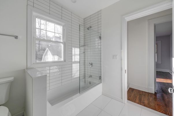 Bathroom, Glass Shower, Interior, Wood Texture Flooring