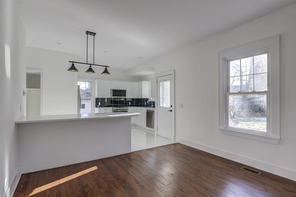 Interior, Kitchen, Pendant Lights, Stainless Steel Appliances, Wood Texture Flooring