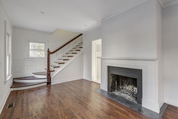 Fireplace, Interior, Recessed Lighting, Wood Texture Flooring