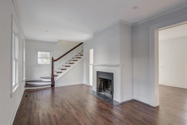 Empty room, Fireplace, Interior, Recessed Lighting, Wood Texture Flooring
