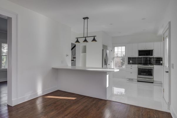 Interior, Kitchen, Pendant Lights, Stainless Steel Appliances, Wood Texture Flooring