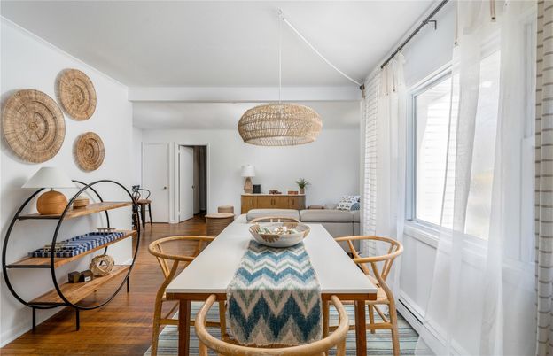 Dining room, Interior, Pendant Lights, Wood Texture Flooring