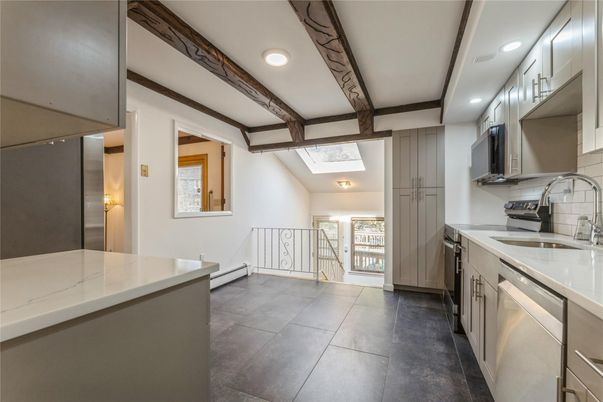 Interior, Kitchen, Recessed Lighting, Stainless Steel Appliances, Wooden Beams
