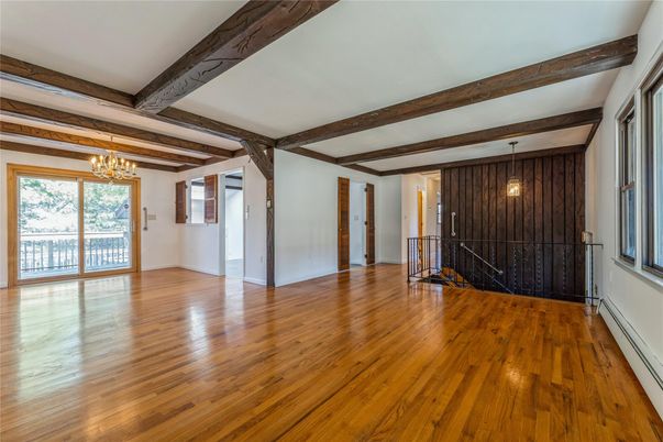 Chandelier, Empty room, Interior, Pendant Lights, Wooden Beams, Wood Texture Flooring