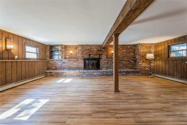 Empty room, Fireplace, Interior, Stone Walls, Wood Texture Flooring, Wooden Walls