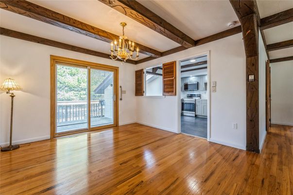 Chandelier, Empty room, Interior, Kitchen, Wooden Beams, Wood Texture Flooring