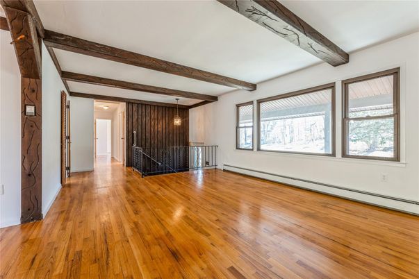 Empty room, Interior, Pendant Lights, Wooden Beams, Wood Texture Flooring