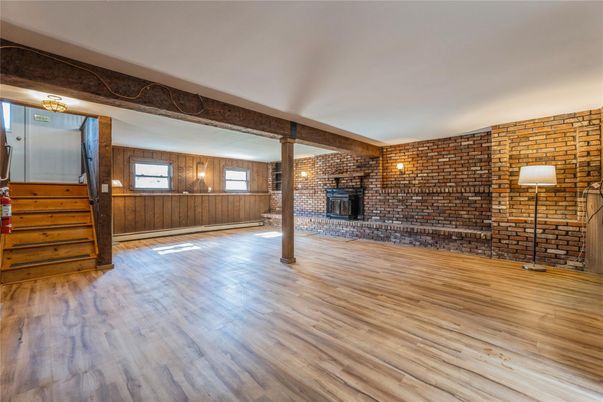 Empty room, Fireplace, Interior, Stone Walls, Wood Texture Flooring