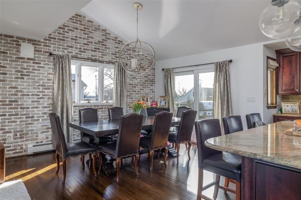 Dining room, Interior, Pendant Lights, Stone Walls, Wood Texture Flooring