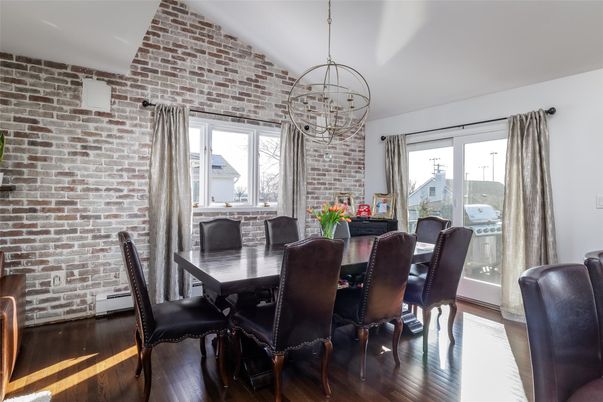 Chandelier, Dining room, Interior, Pendant Lights, Stone Walls, Wood Texture Flooring