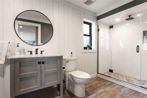 Bathroom, Glass Shower, Interior, Recessed Lighting, Wood Texture Flooring