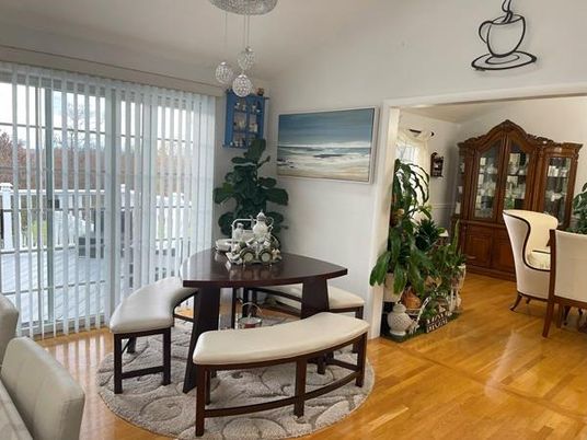 Dining room, Interior, Pendant Lights, Wood Texture Flooring