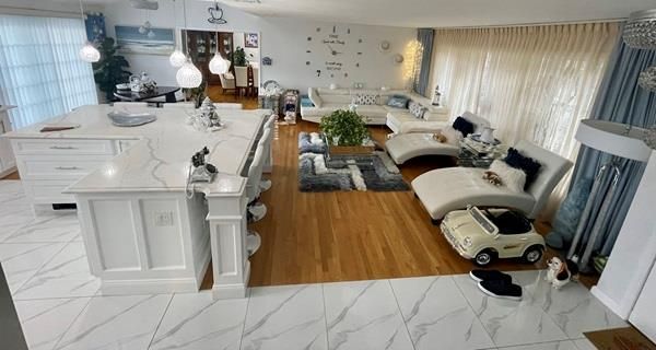 Interior, Kitchen, Living room, Marble, Pendant Lights, Wood Texture Flooring