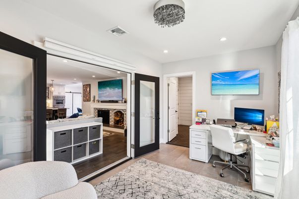 Fireplace, Home Office, Interior, Pendant Lights, Recessed Lighting, Wood Texture Flooring