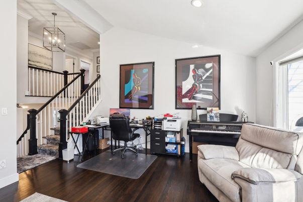 Home Office, Interior, Pendant Lights, Piano, Recessed Lighting, Wood Texture Flooring