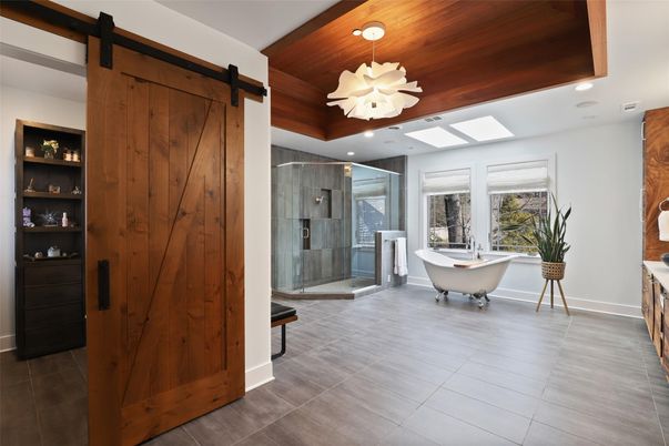Bathroom, Free Standing Baths, Glass Shower, Interior, Recessed Lighting