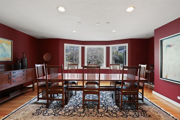 Dining room, Interior, Recessed Lighting, Wood Texture Flooring