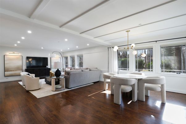 Dining room, Interior, Living room, Pendant Lights, Recessed Lighting, Wood Texture Flooring