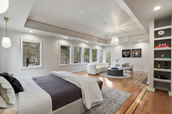 Bedroom, Interior, Pendant Lights, Recessed Lighting, Wood Texture Flooring