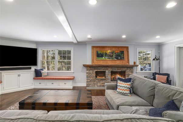 Fireplace, Interior, Living room, Recessed Lighting, Wood Texture Flooring
