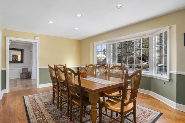Dining room, Interior, Recessed Lighting, Wood Texture Flooring
