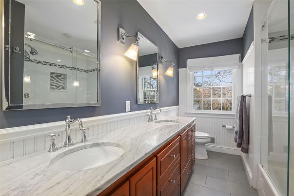 Bathroom, Dual Sink Vanities, Glass Shower, Interior, Pendant Lights, Recessed Lighting