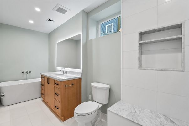 Bathroom, Dual Sink Vanities, Free Standing Baths, Interior, Marble, Recessed Lighting