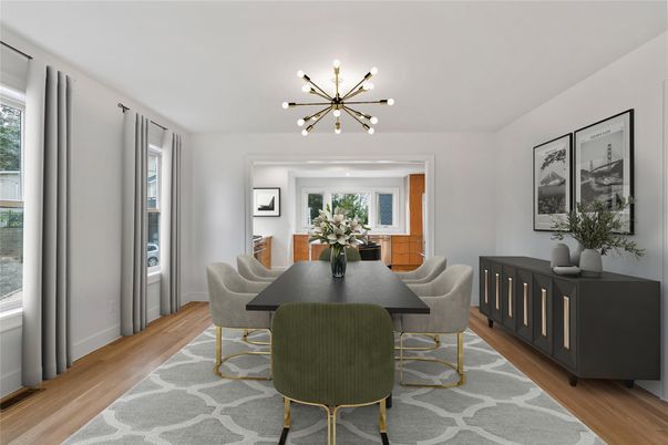 Dining room, Interior, Pendant Lights, Wood Texture Flooring