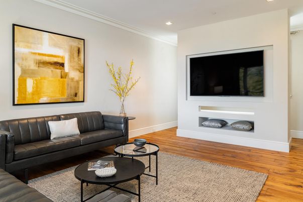 Fireplace, Interior, Living room, Recessed Lighting, Wood Texture Flooring