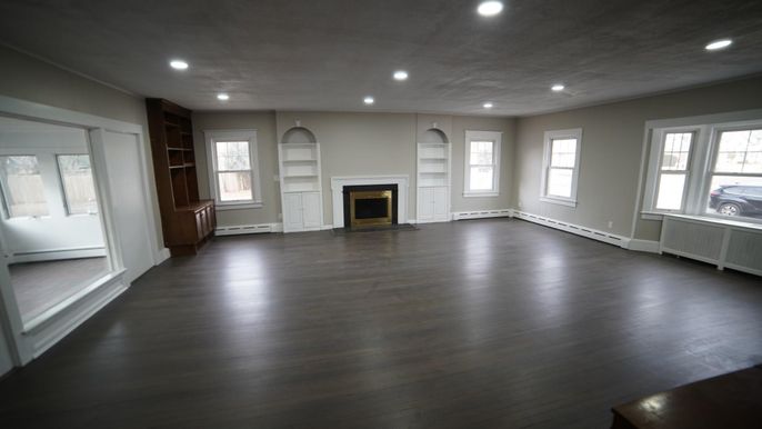 Empty room, Fireplace, Interior, Recessed Lighting, Wood Texture Flooring