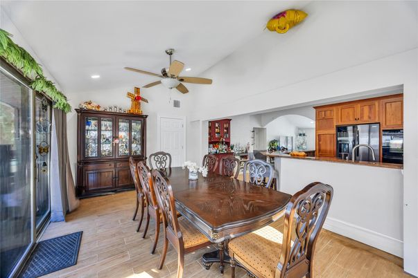Dining room, Interior, Kitchen, Recessed Lighting, Wood Texture Flooring