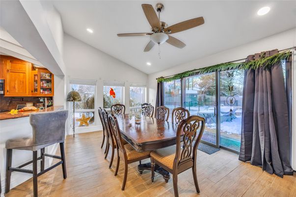 Dining room, Interior, Recessed Lighting, Wood Texture Flooring