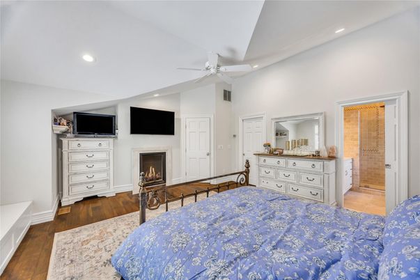 Bedroom, Fireplace, Interior, Recessed Lighting, Wood Texture Flooring